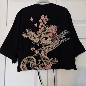 Black Kimono Jacket with Dragon Sakura Embroidery